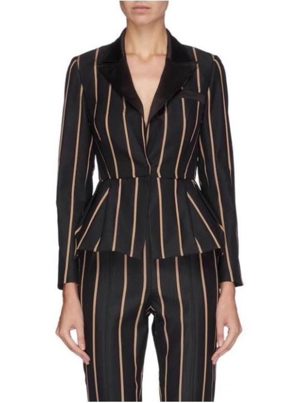 Self-Portrait Tailoring Single Breasted Blazer - Black with Beige / Gold Stripes